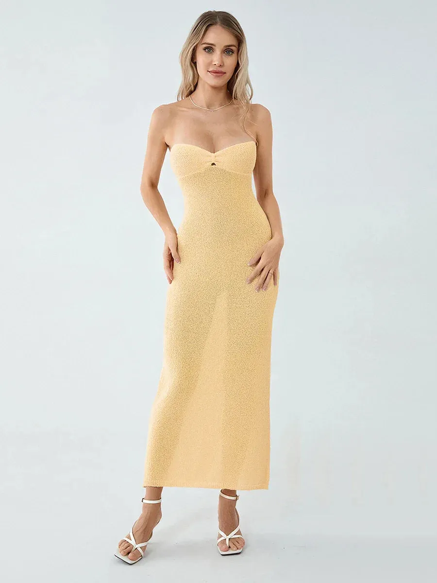 Off Shoulder Knit Tube Strapless Twist Front Tie Back Midi Bodycon Summer Casual Sexy Dress