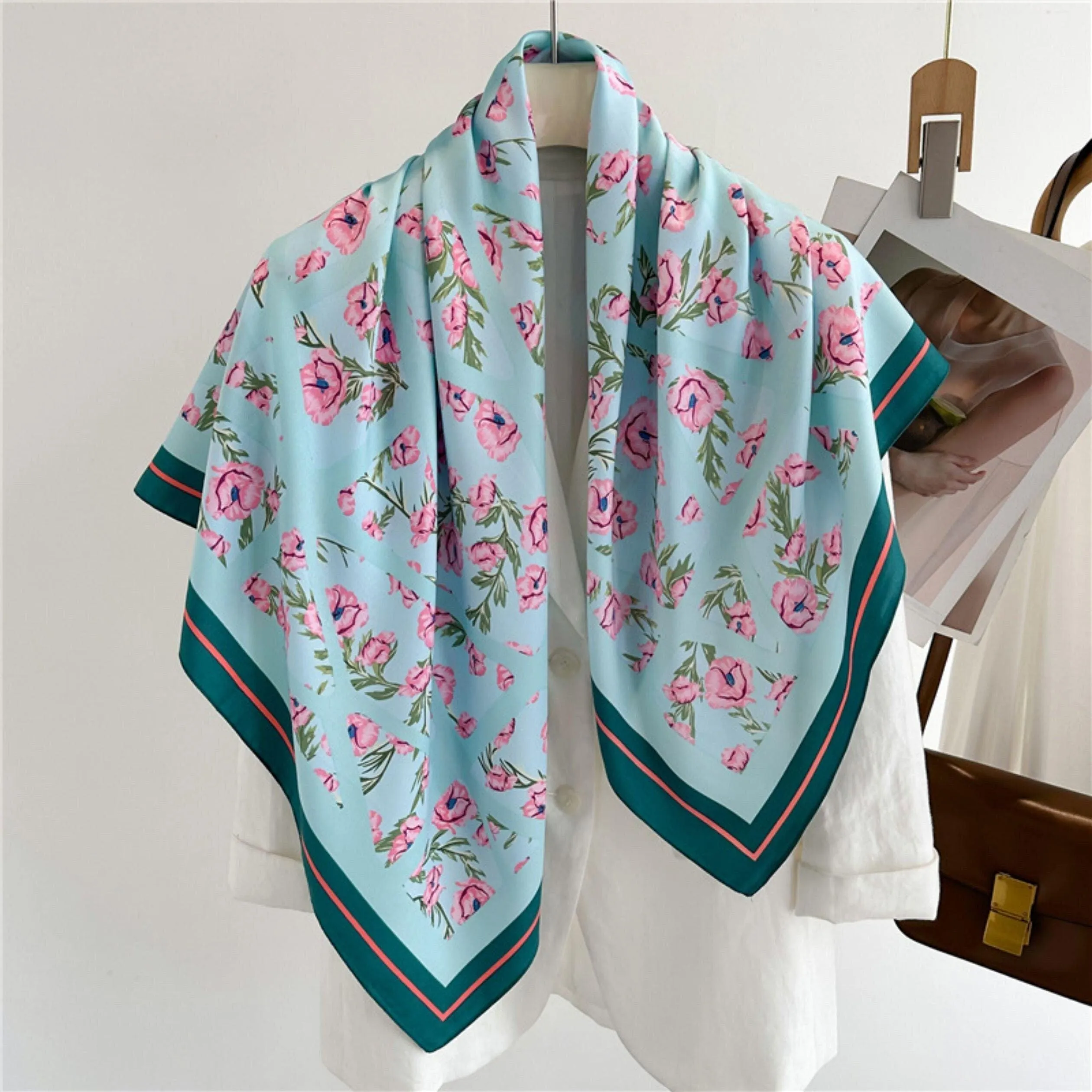 Pale Blue Flora Chic Large Satin Scarf | 90x90cm Bandana | Twill Satin Shawl | Perfect Gift for Her, Mother's Day