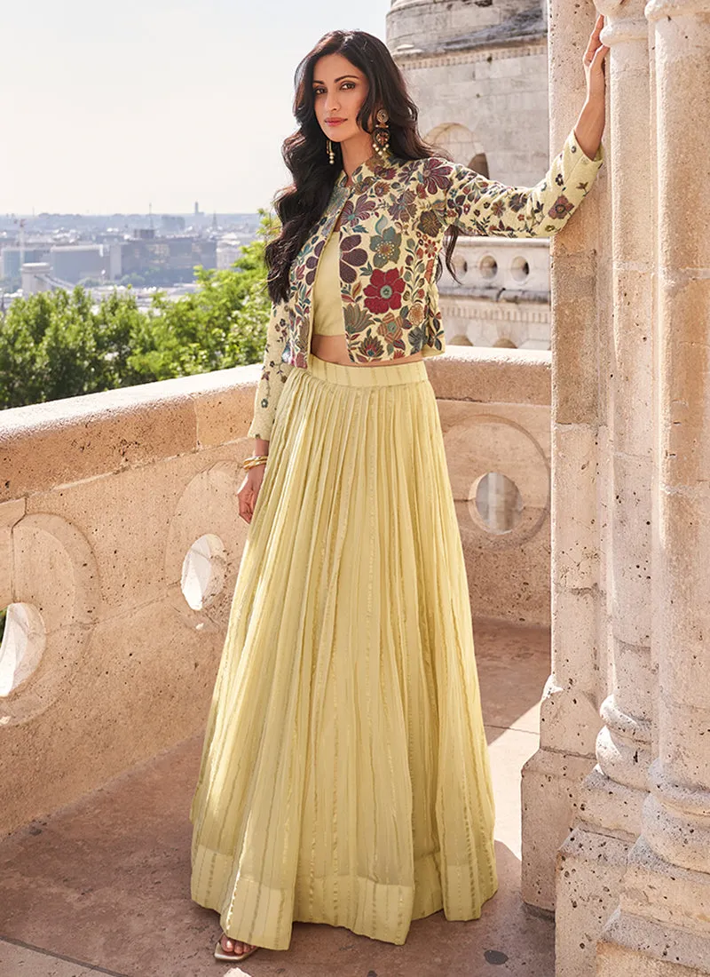 Pastel Yellow Floral Embroidered Jacket Style Lehenga