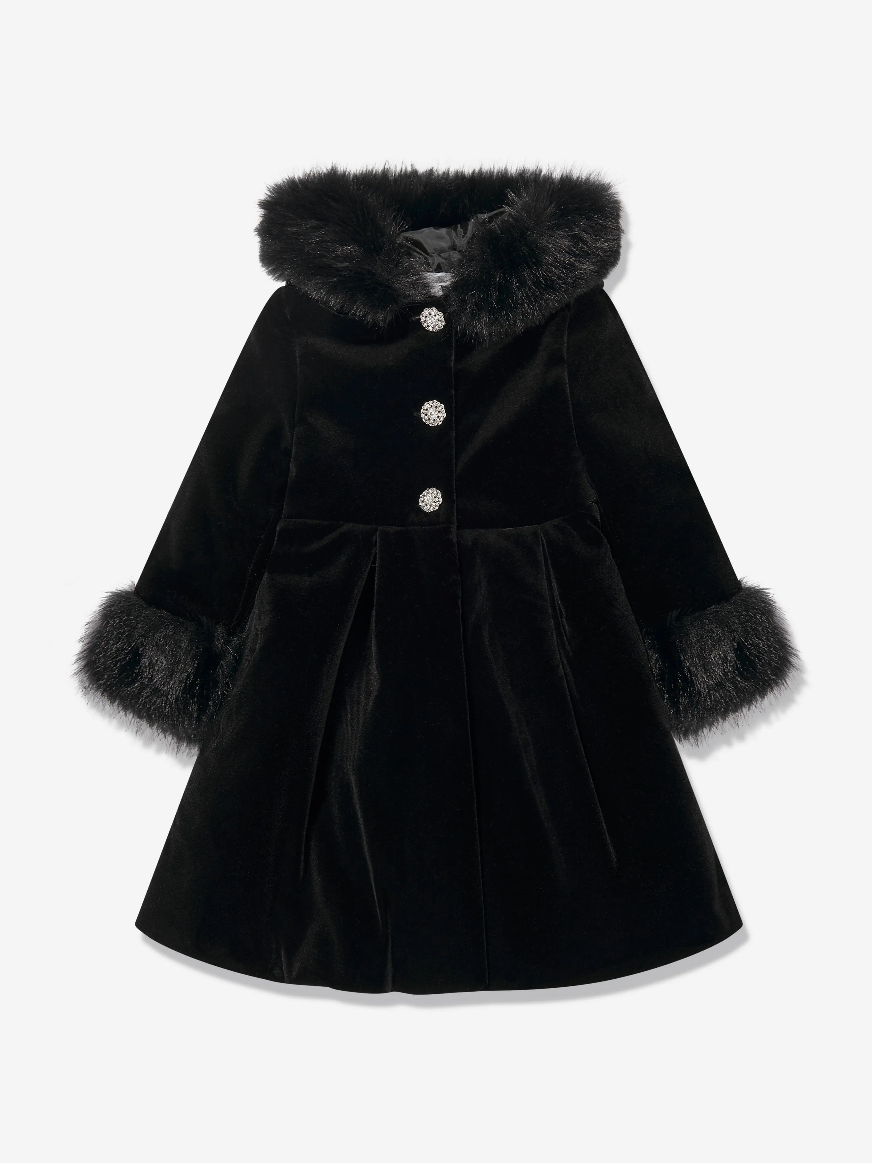 Patachou Girls Velvet And Fur Trim Coat in Black