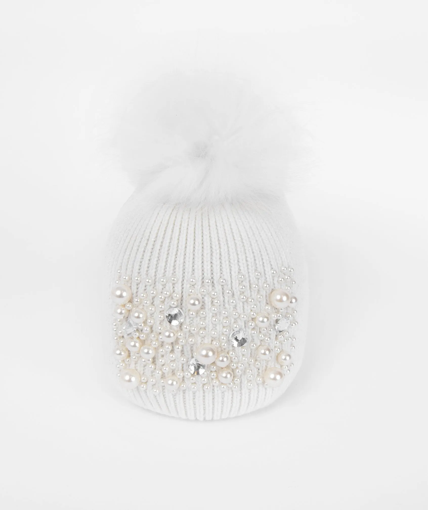 Pearl Studded Beanie Hat - White