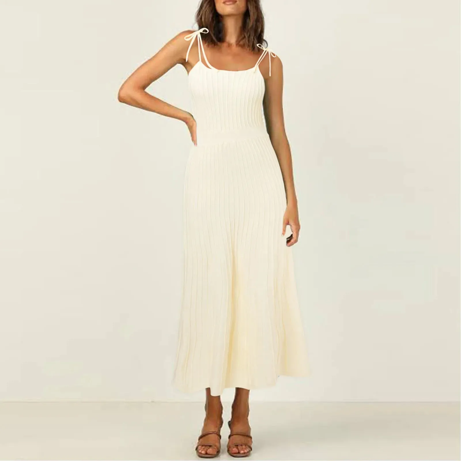 Pleated Spaghetti Straps Sexy High Waist Slim Vacation Spring Casual Midi Knit Dress