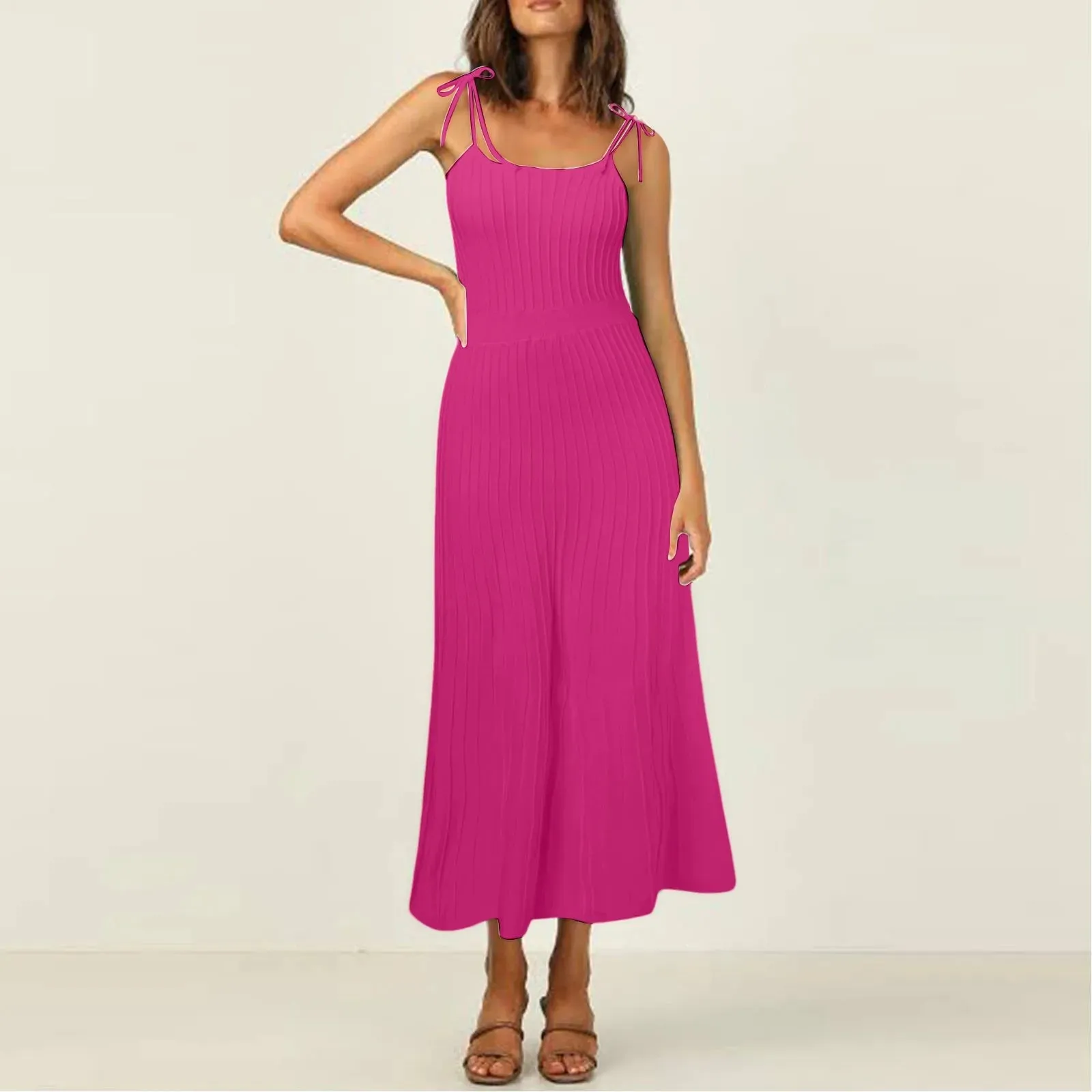 Pleated Spaghetti Straps Sexy High Waist Slim Vacation Spring Casual Midi Knit Dress