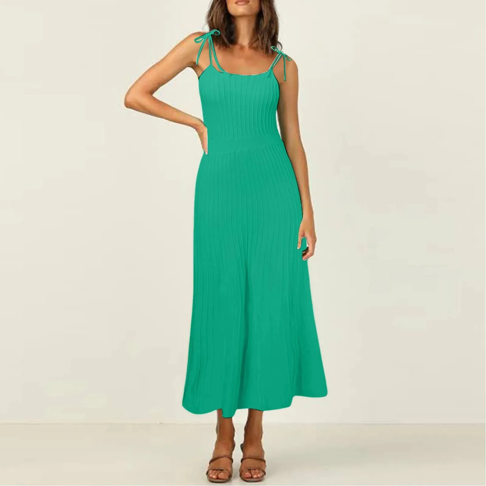 Pleated Spaghetti Straps Sexy High Waist Slim Vacation Spring Casual Midi Knit Dress