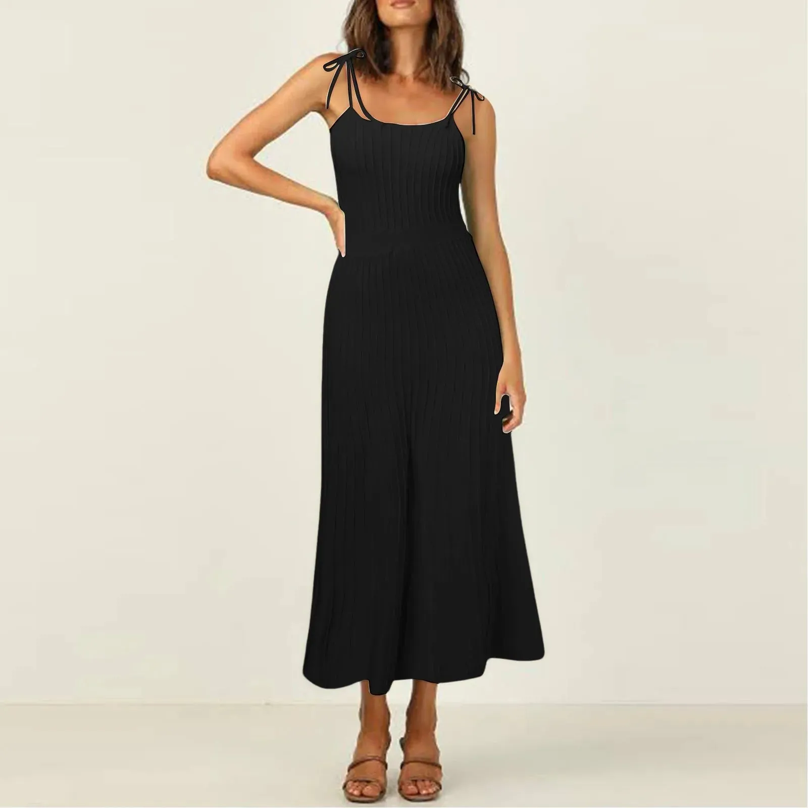 Pleated Spaghetti Straps Sexy High Waist Slim Vacation Spring Casual Midi Knit Dress