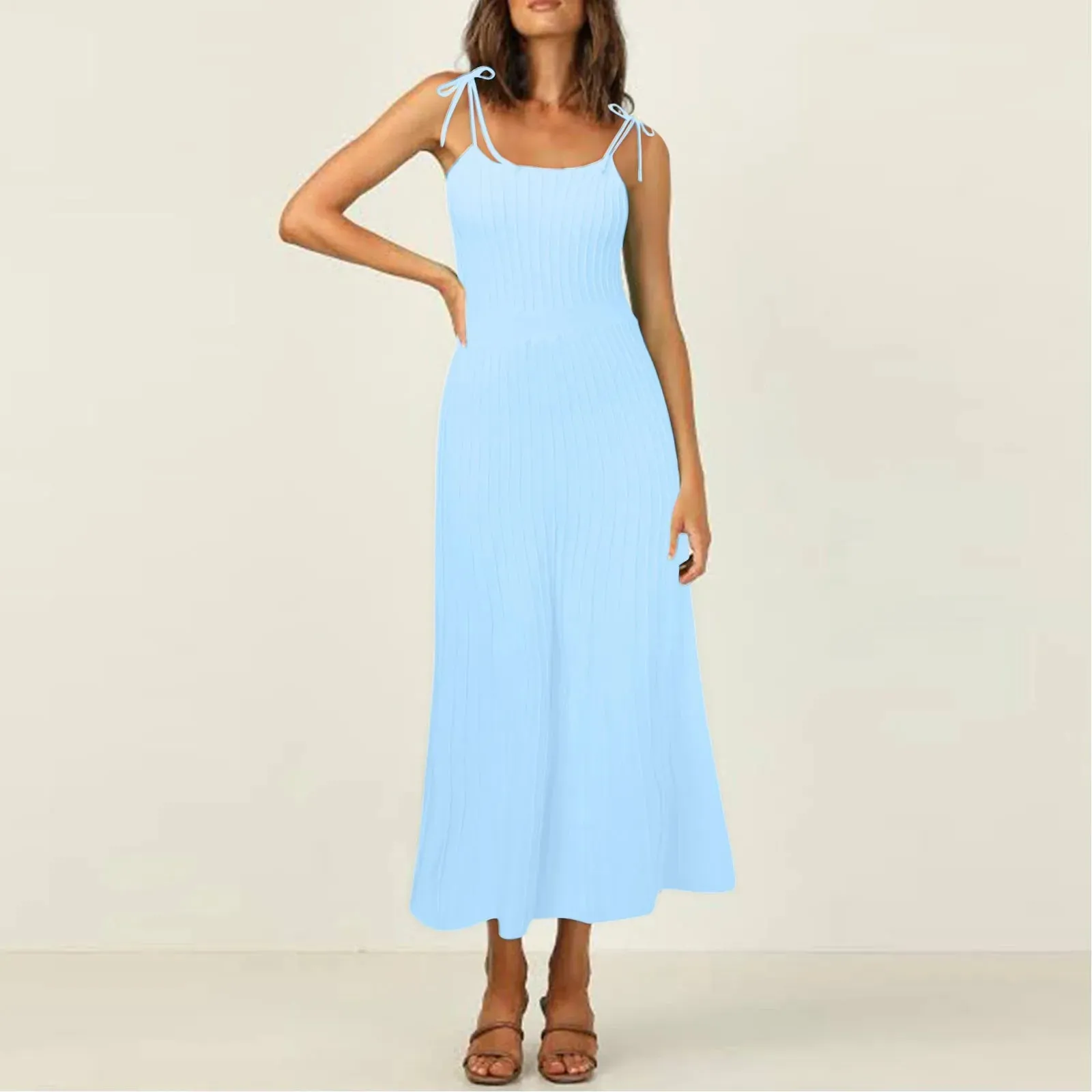 Pleated Spaghetti Straps Sexy High Waist Slim Vacation Spring Casual Midi Knit Dress