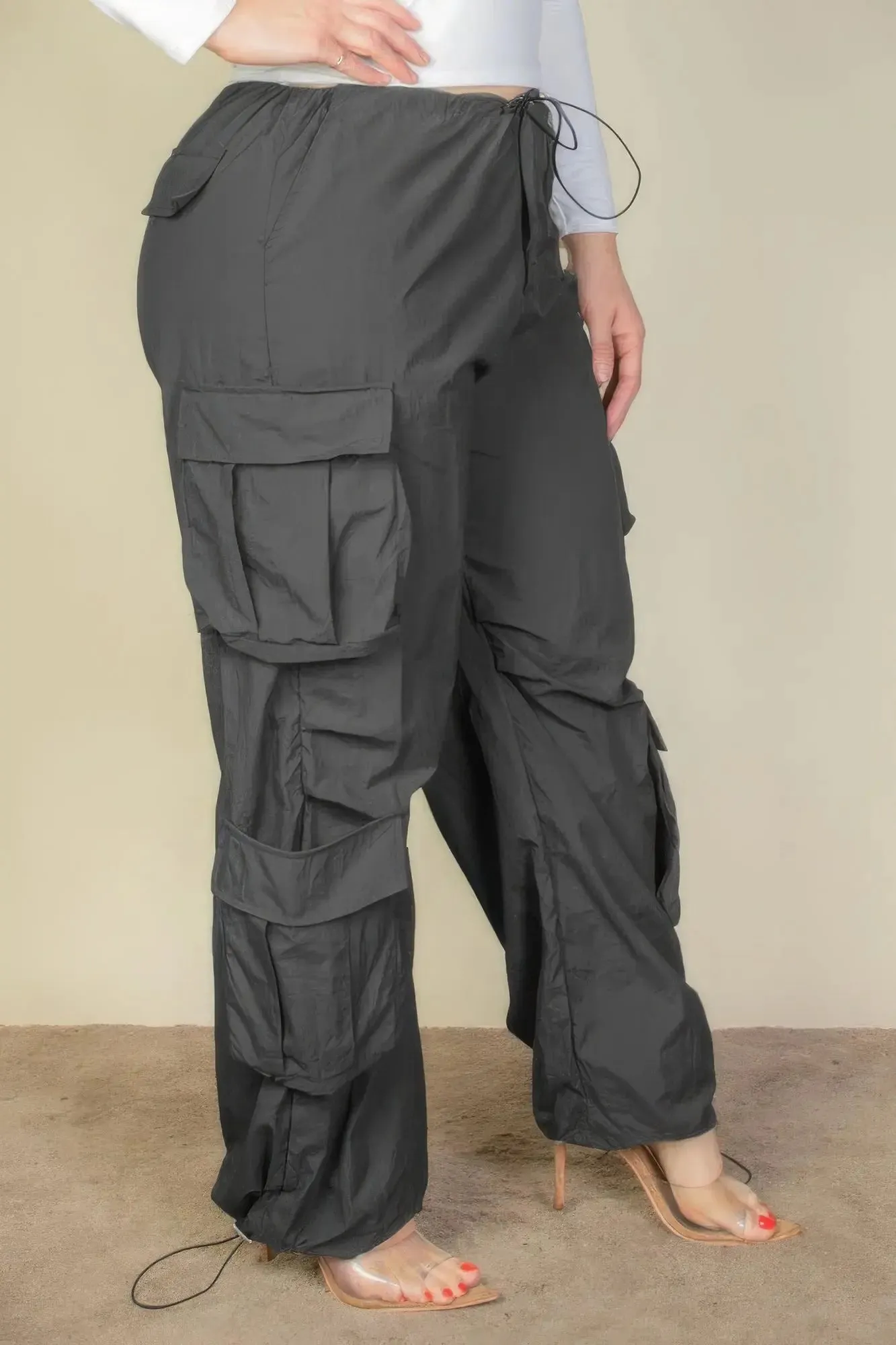 Plus Size Flap Pockets Drawstring Ruched Parachute Pants