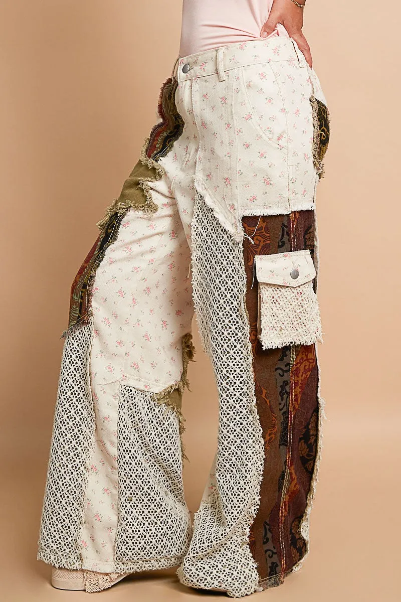 POL Relaxed Fit Twill Patchwork Pants in Ivory/Red Bean Multi