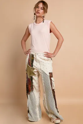 POL Relaxed Fit Twill Patchwork Pants in Ivory/Red Bean Multi