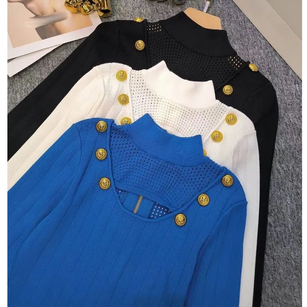 Pre Order:  Gold Buttons Peep Knitted Dress