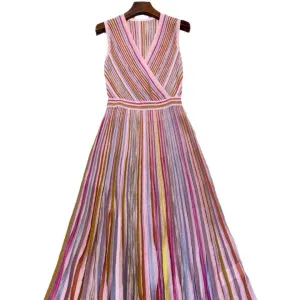 Pre Order:  Knitted Colorful Striped Pleated Mid Dress