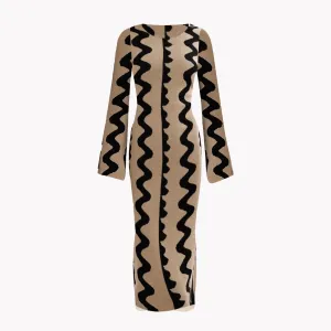 Pre Order:  Knitted Wave Print Beige Dress