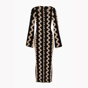 Pre Order:  Knitted Wave Print Black Beige Dress