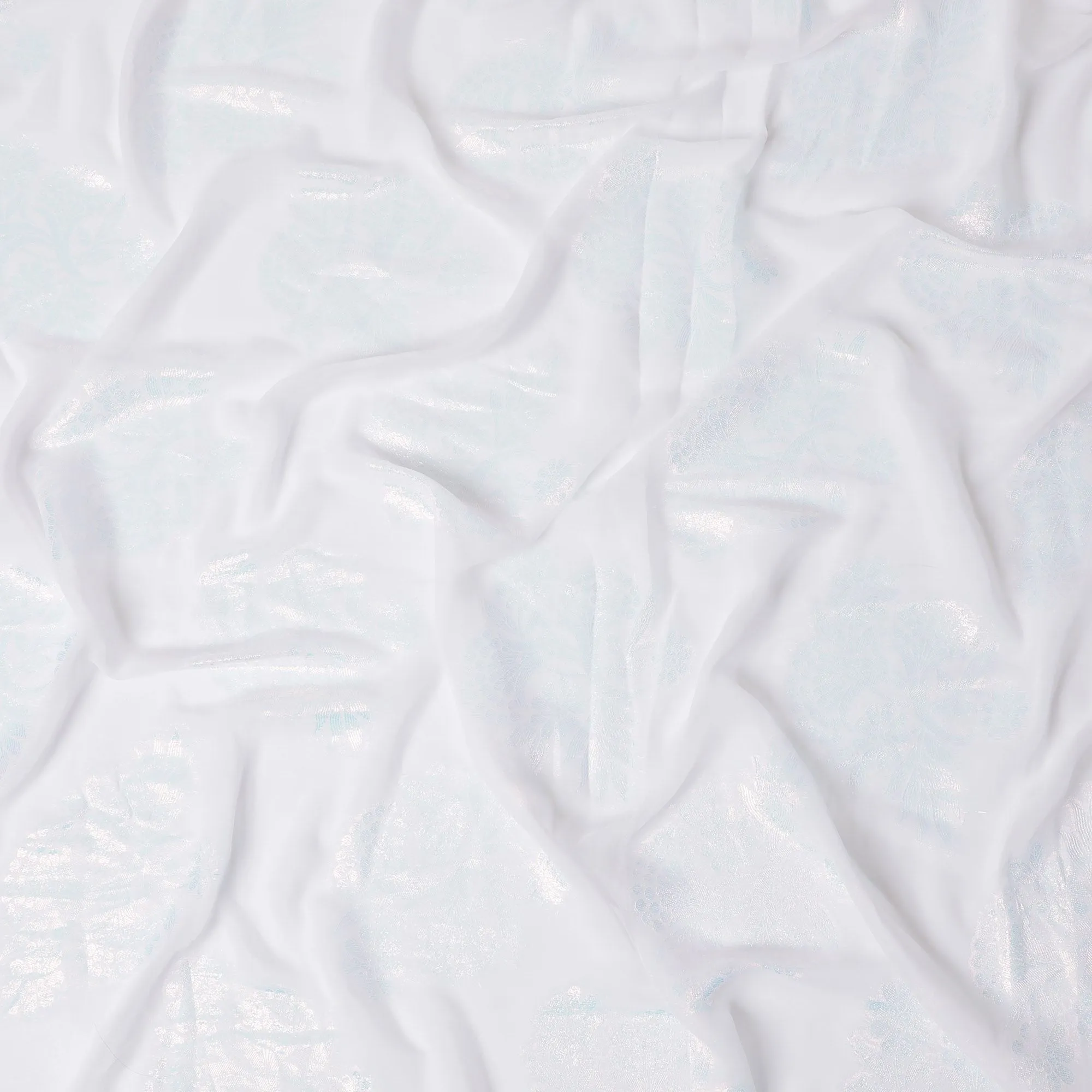 Pristine Ice Blue Floral Synthetic Chiffon Fabric - 110cm Wide, Delicate Frost Finish, Ideal for Graceful Attire-D18412