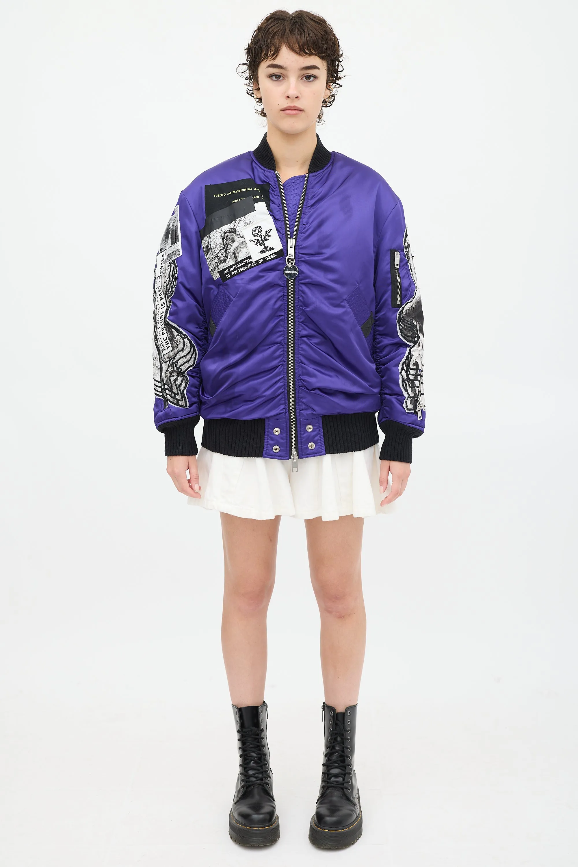 Purple & Multicolour Patchwork Distressed Bomber Jacket