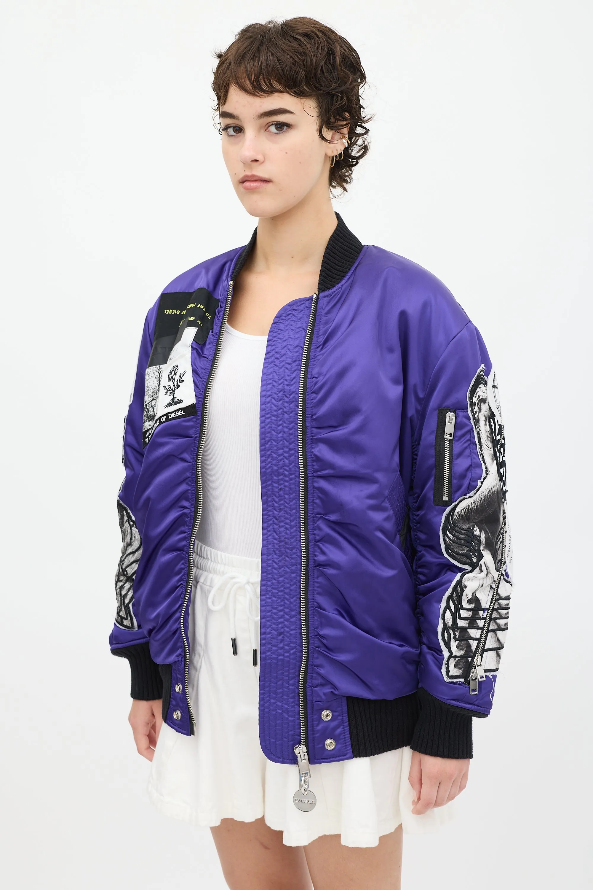 Purple & Multicolour Patchwork Distressed Bomber Jacket