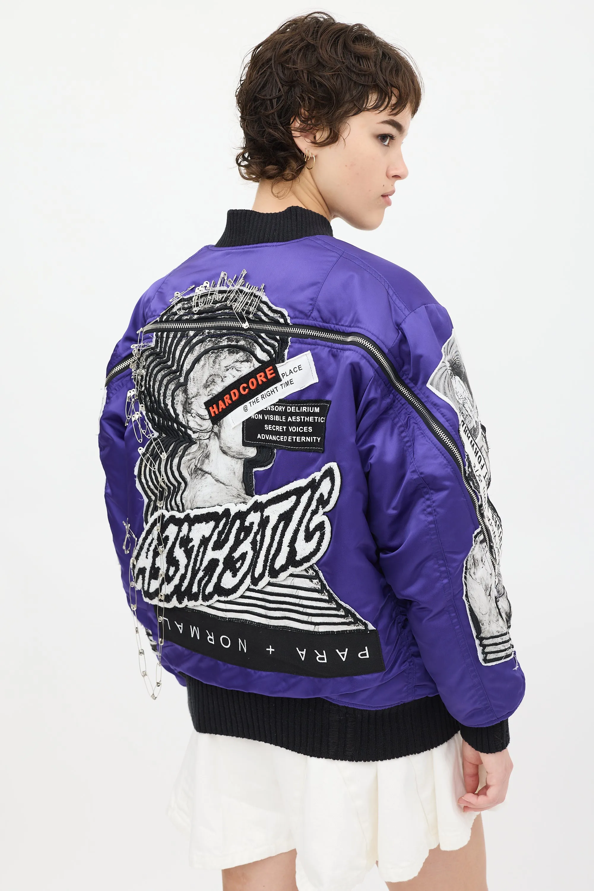 Purple & Multicolour Patchwork Distressed Bomber Jacket