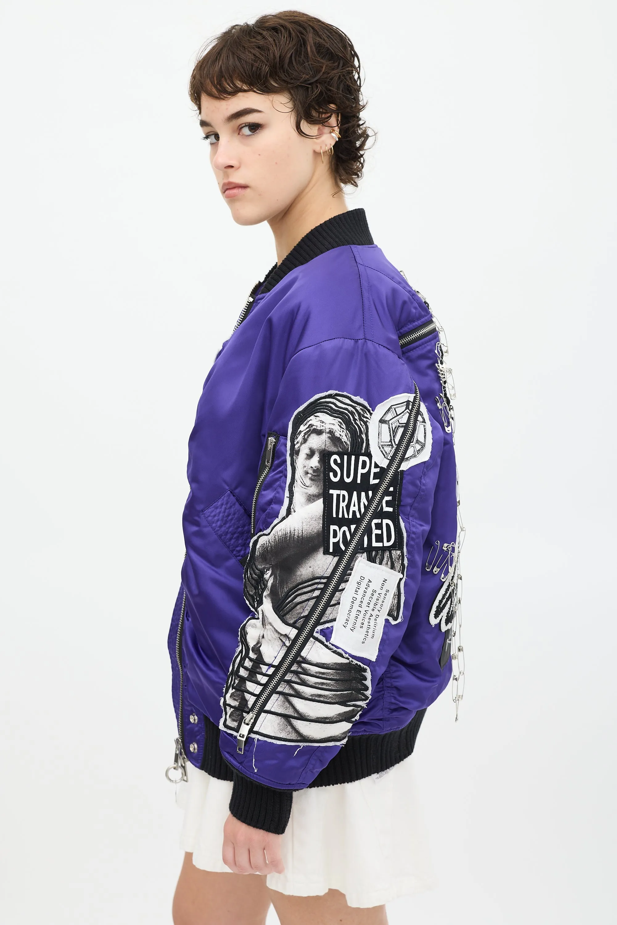 Purple & Multicolour Patchwork Distressed Bomber Jacket