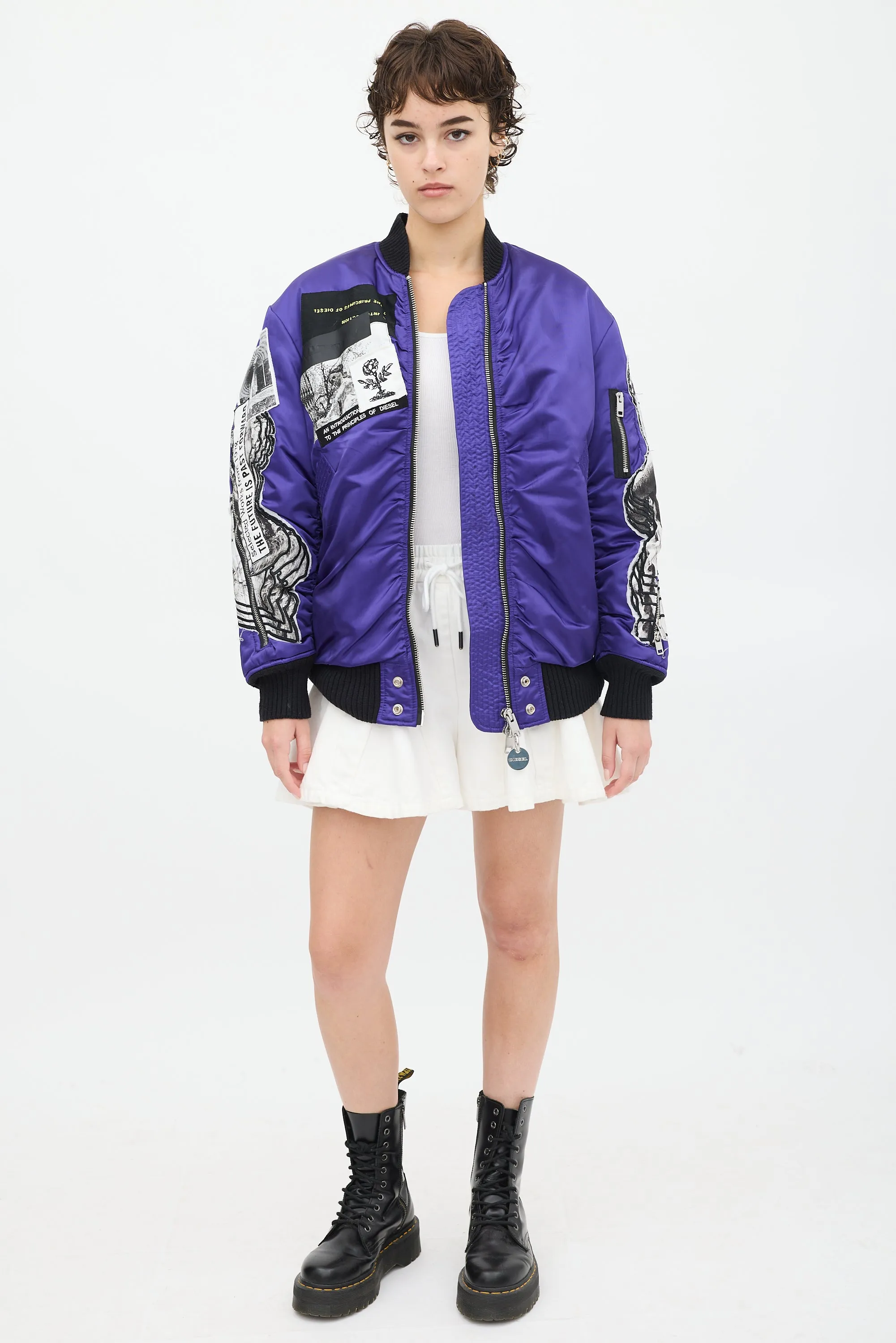 Purple & Multicolour Patchwork Distressed Bomber Jacket