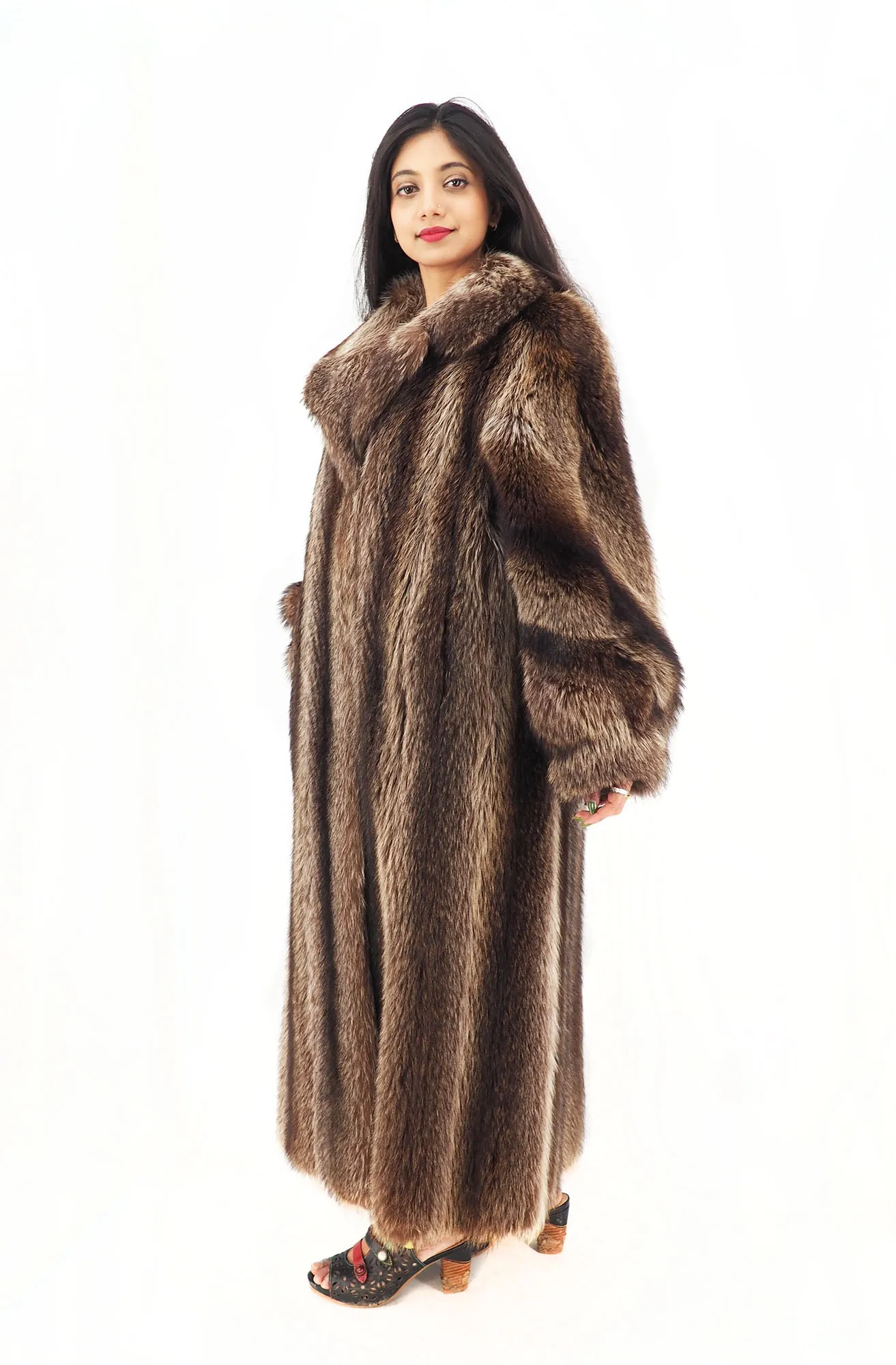 Raccoon Fur Coat Coats Detachable Hood with Red Fox Trim M/L 49" Long