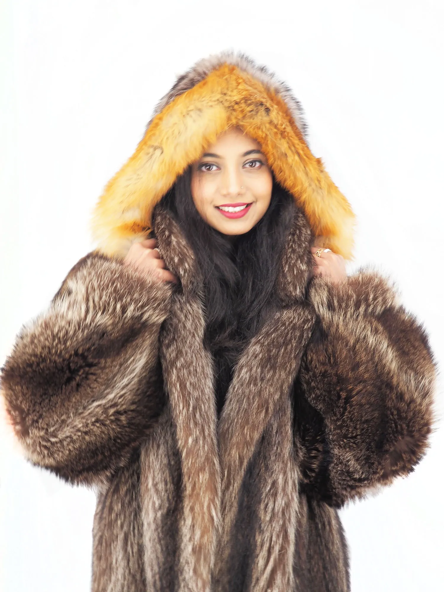 Raccoon Fur Coat Coats Detachable Hood with Red Fox Trim M/L 49" Long