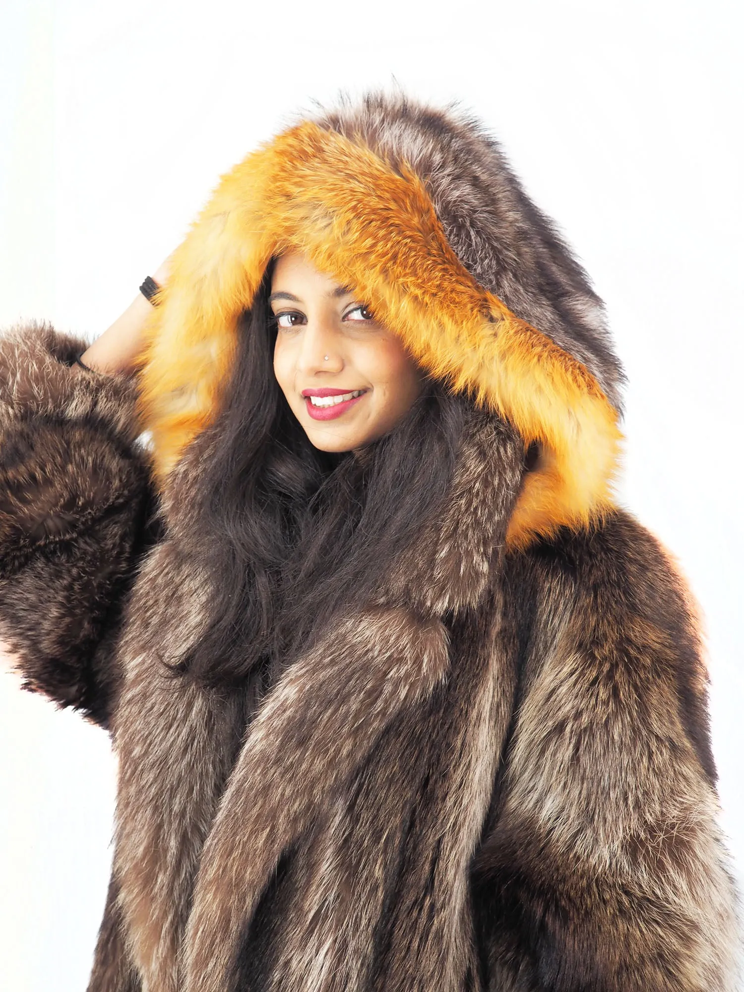 Raccoon Fur Coat Coats Detachable Hood with Red Fox Trim M/L 49" Long