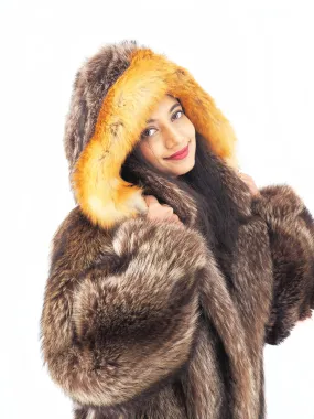 Raccoon Fur Coat Coats Detachable Hood with Red Fox Trim M/L 49" Long