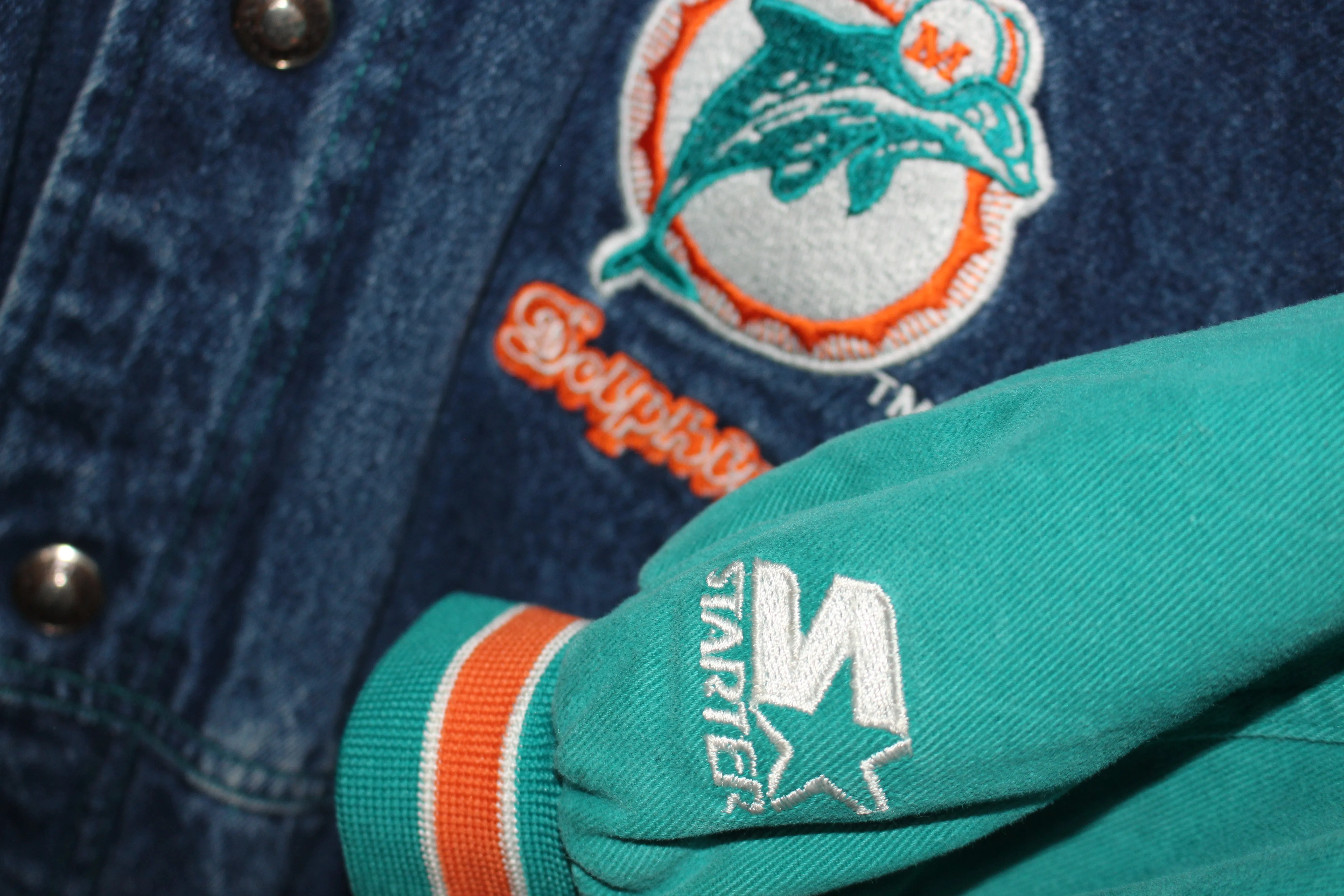 Rare Miami Dolphins Pro Line Starter Denim Bomber Jacket (S)