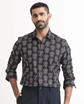 Rare Rabbit Men's Chains Black Modal Fabric Geometric Print Full Sleeves Shirt