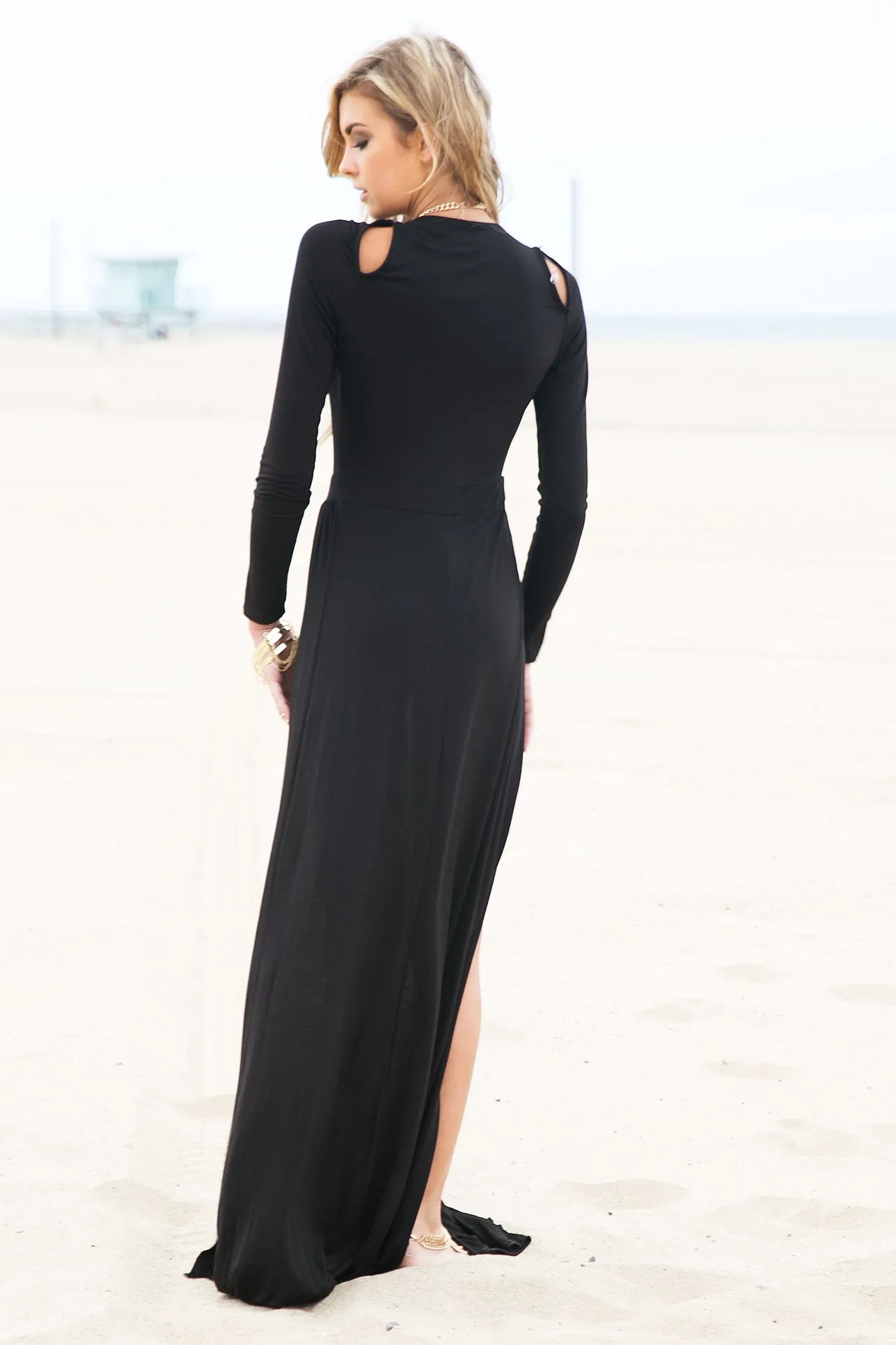 Raya High-Slit Deep-V Maxi Dress - Black