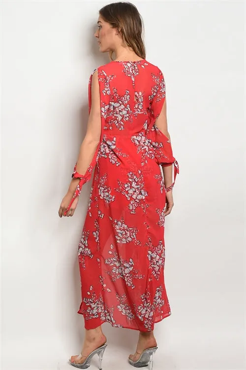 Red Floral Slit Sleeve Maxi Dress Romper