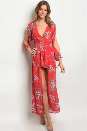 Red Floral Slit Sleeve Maxi Dress Romper