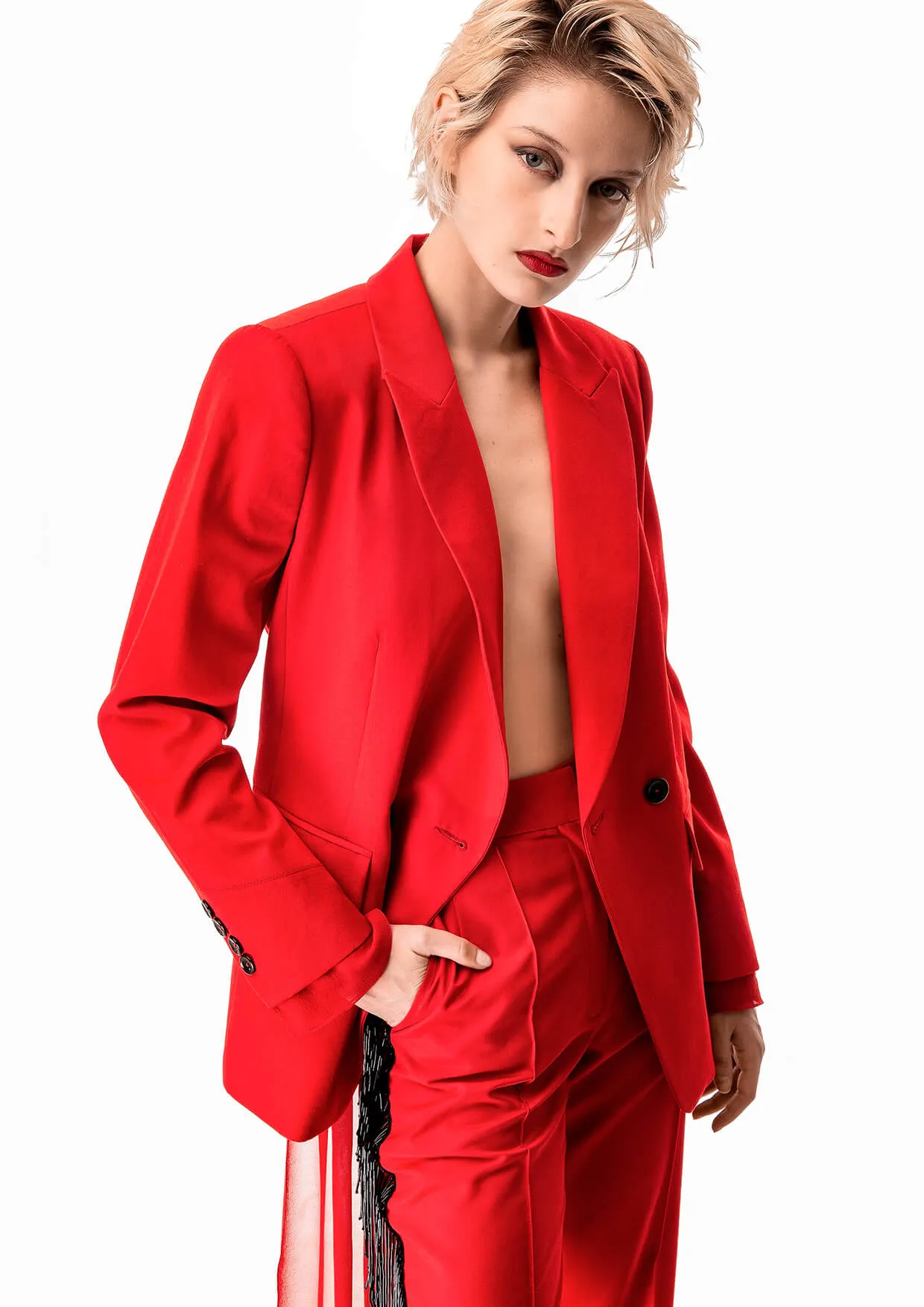 Red Sheer Back Chiffon-Gabardine Blazer Jacket