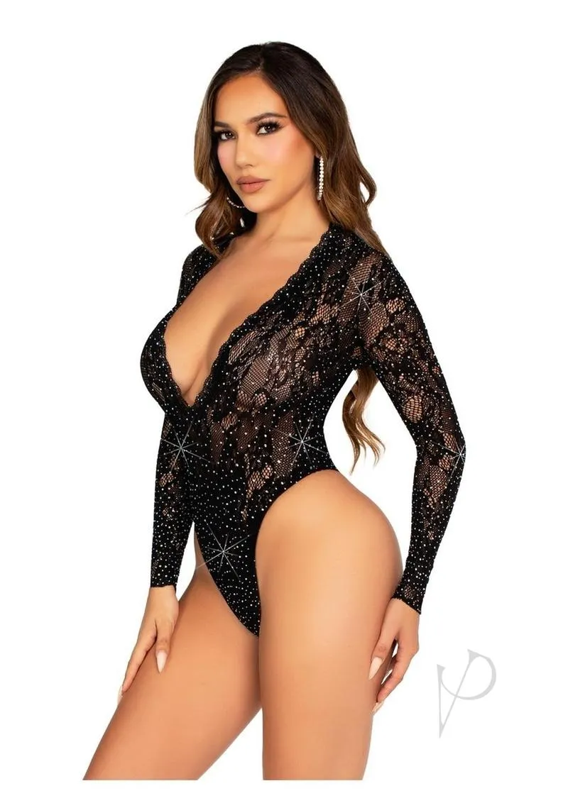 Rhinestone Lace Deep V Bodysuit Blk Os