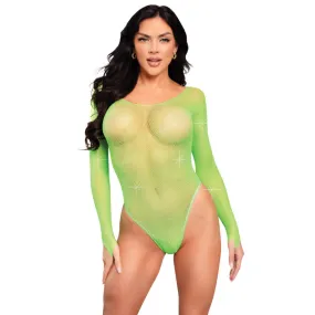 Rhinestone Long Sleeve Fishnet Bodystocking Neon Green - Leg Avenue