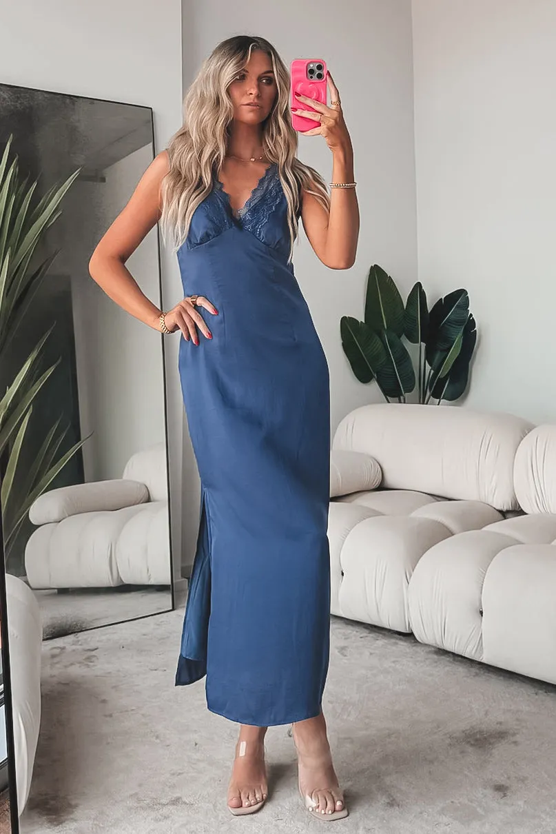 SAGE THE LABEL Midnight Blue Satin Maxi Dress