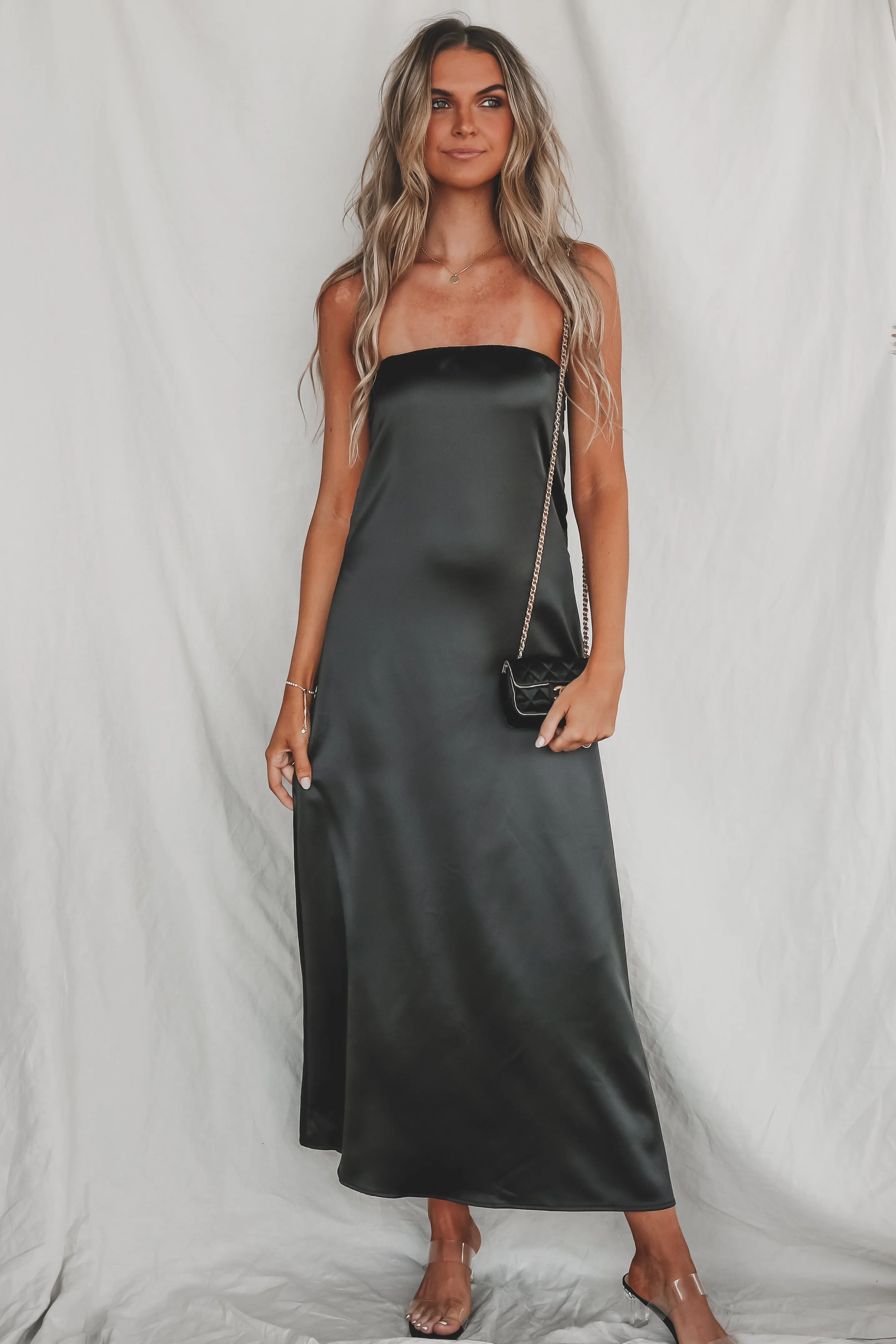 Sassy Side Strapless Black Satin Maxi Dress