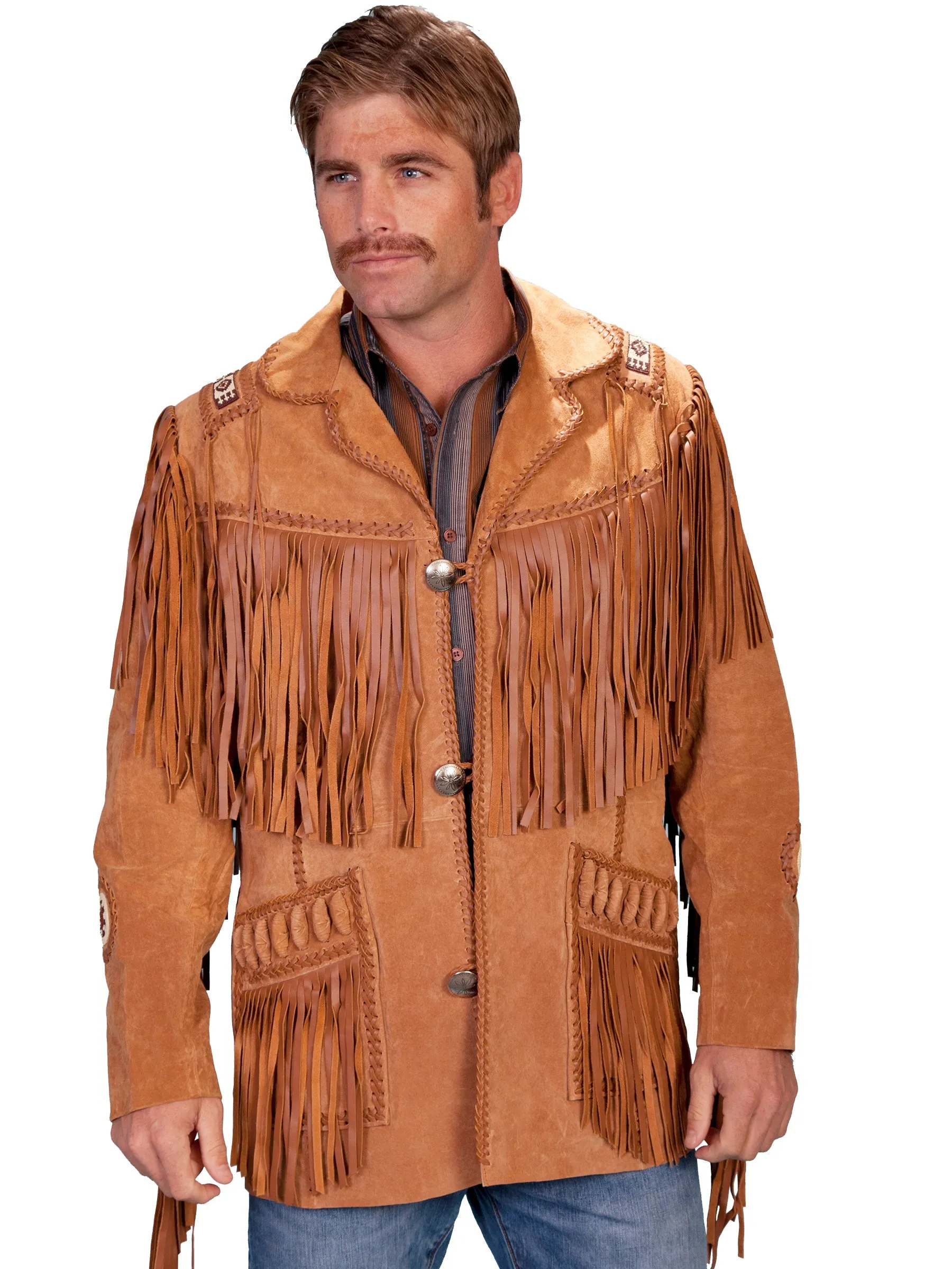 Scully Leather Mens Mountain Man Handlaced Bead Trim Coat Bourbon