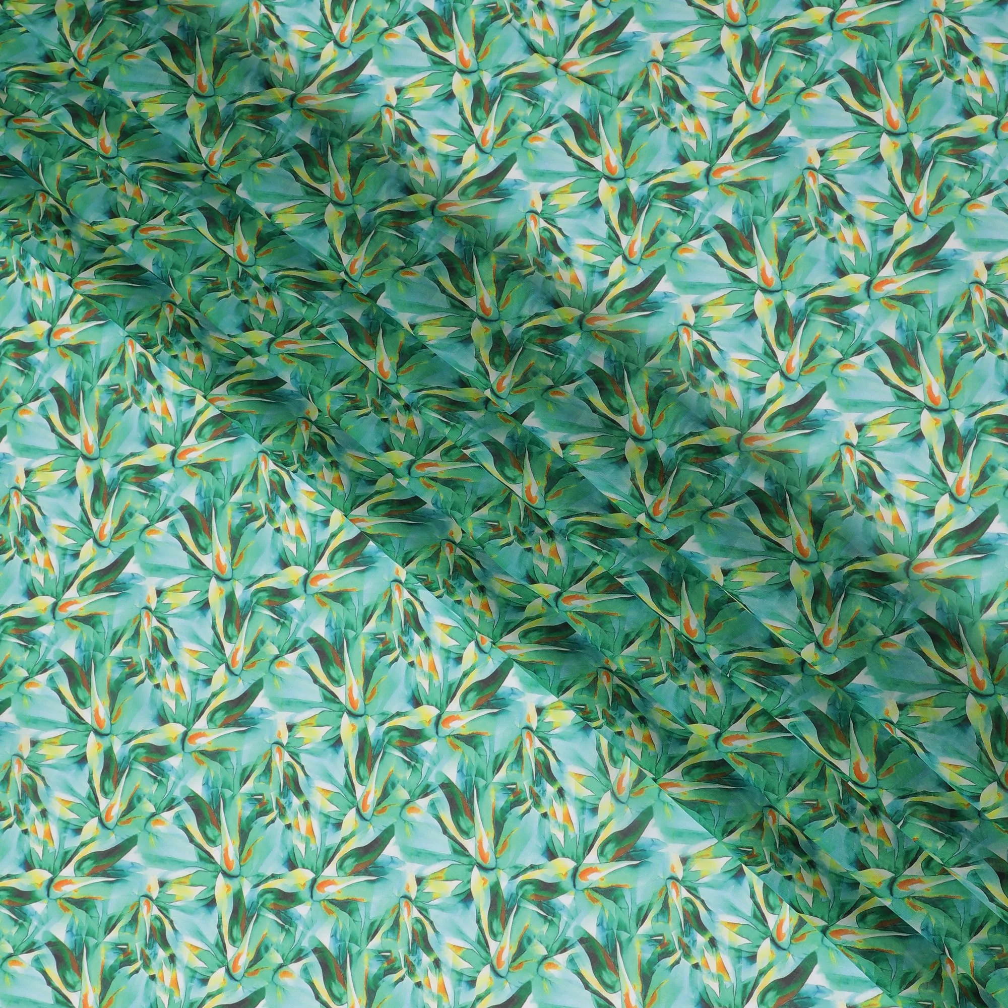 Seafoam Green Synthetic Chiffon Fabric with Orange and Yellow Feather Print, 140 cm Wide-D19118