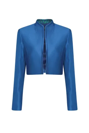 Short Jacket in Royal Blue Viscose/Cotton Sateen with Check Contrast lapels - Hermione