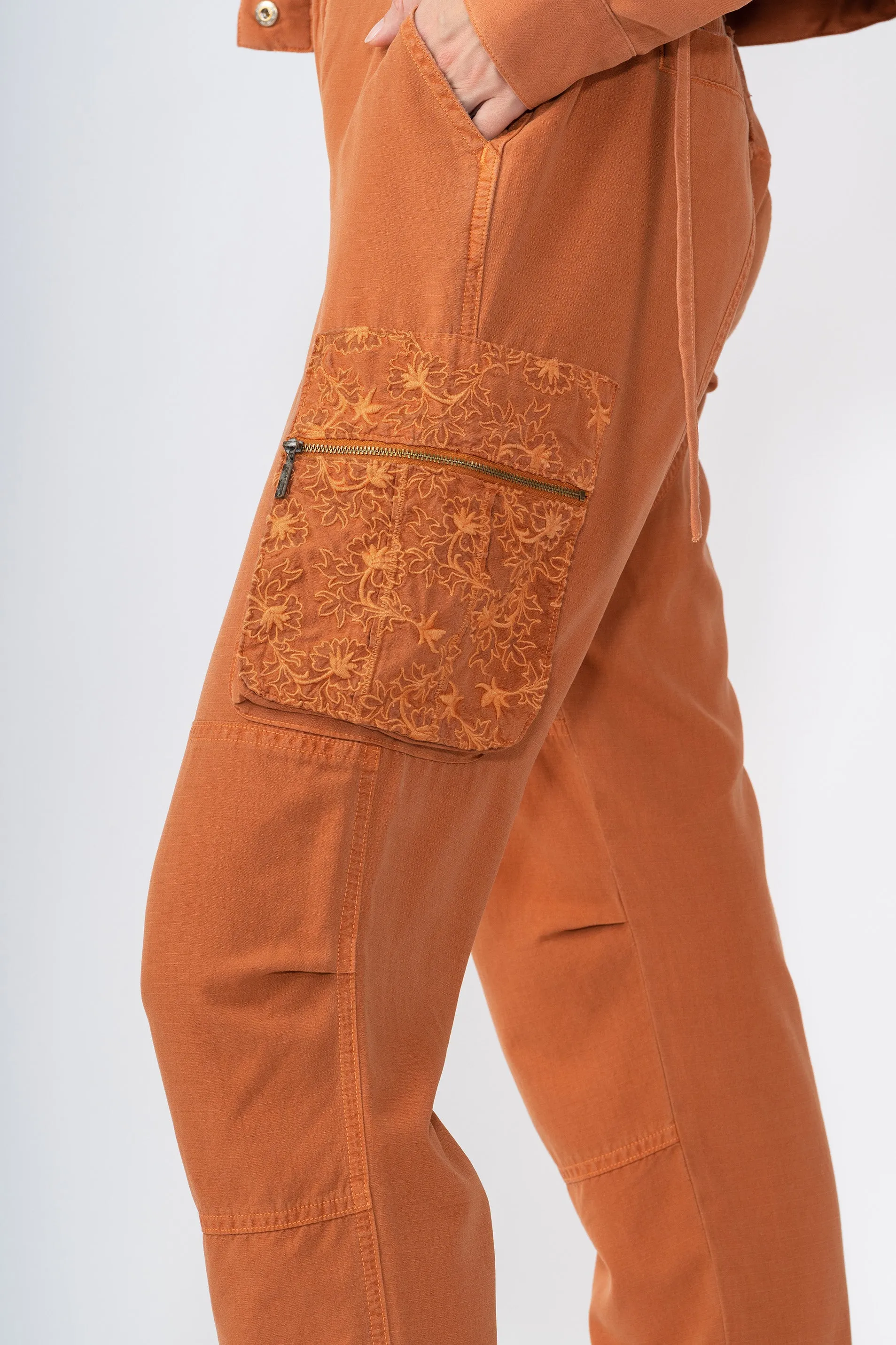 Silk cargo pants with embroidery in Toffee Brown