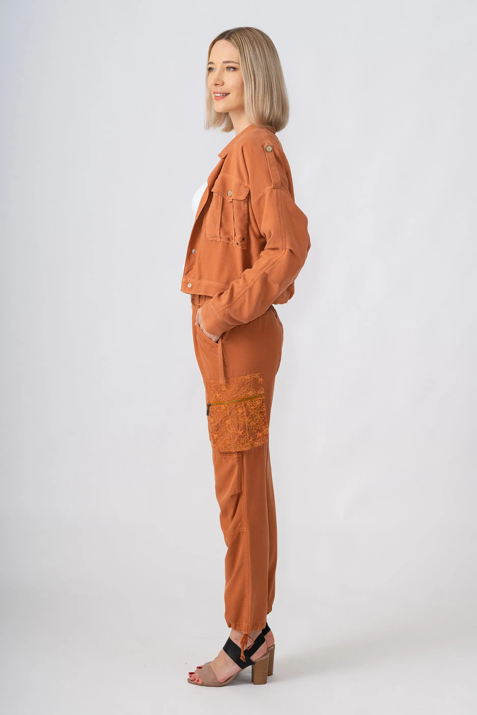 Silk cargo pants with embroidery in Toffee Brown