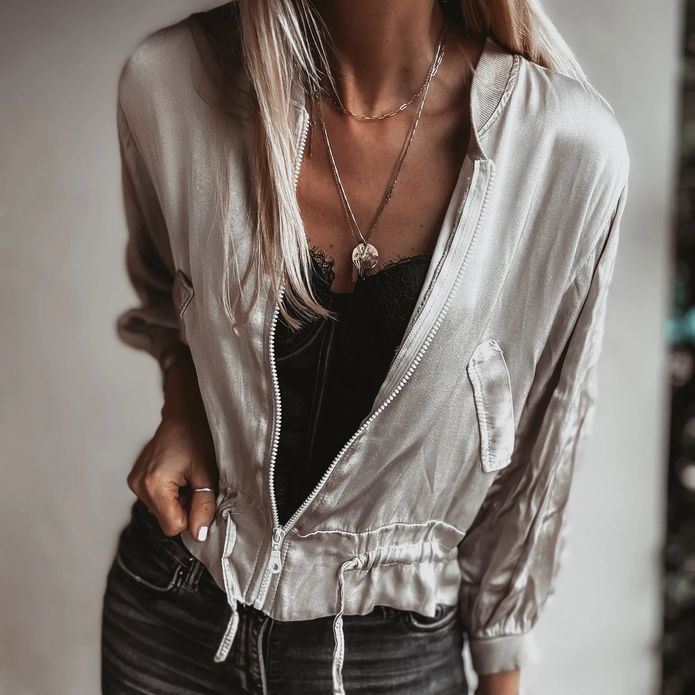 SILVER CHAMPAGNE Satin bomber top  *NEW*