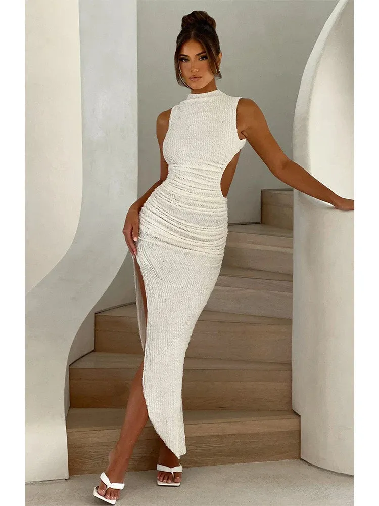 Skin Texture Asymmetric Slim Bodycon Spring Summer Long Backless Sexy Party Maxi Dress