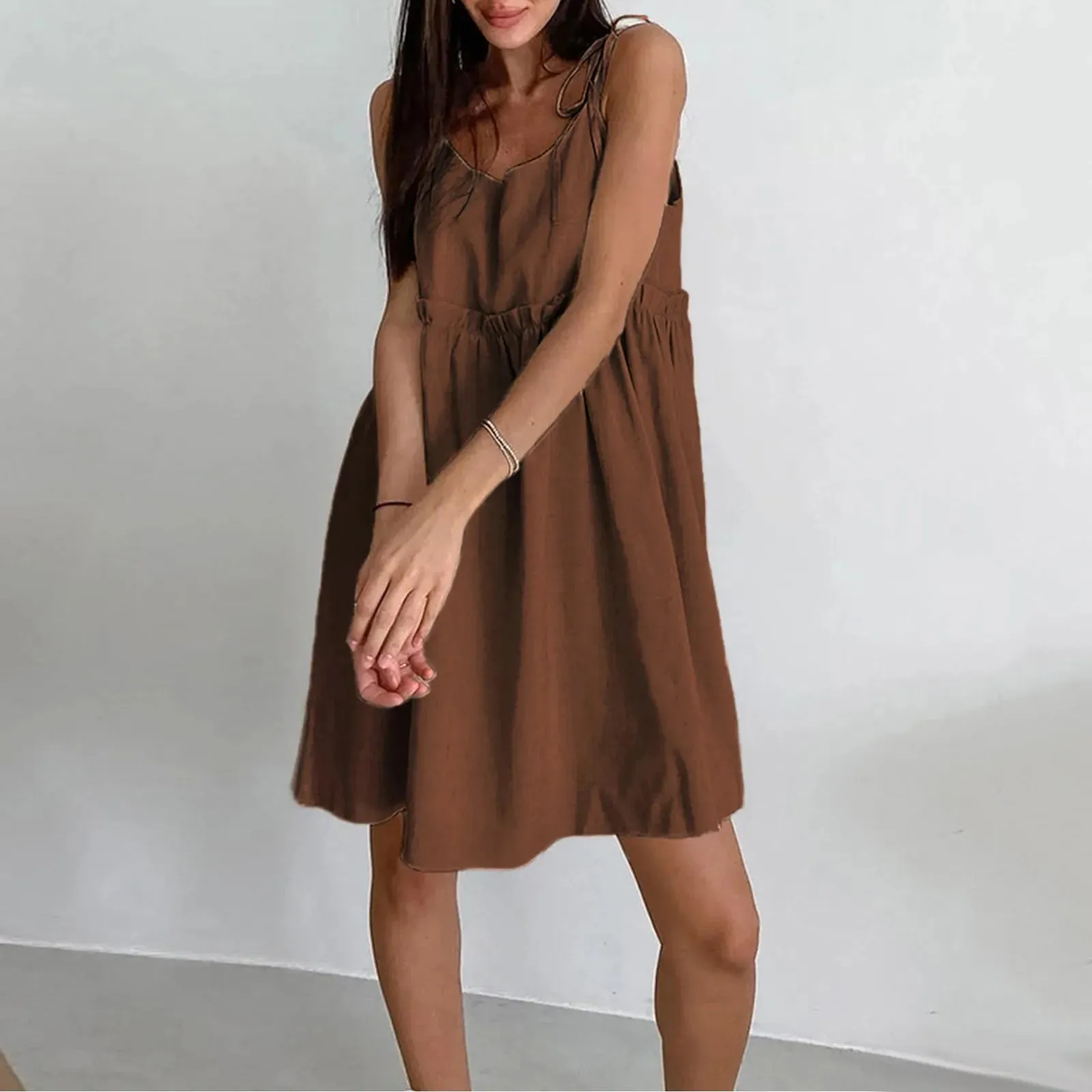 Sleeveless Loose Casual Summer Solid Spaghetti Colour Linen Comfort Straps Cotton Dress