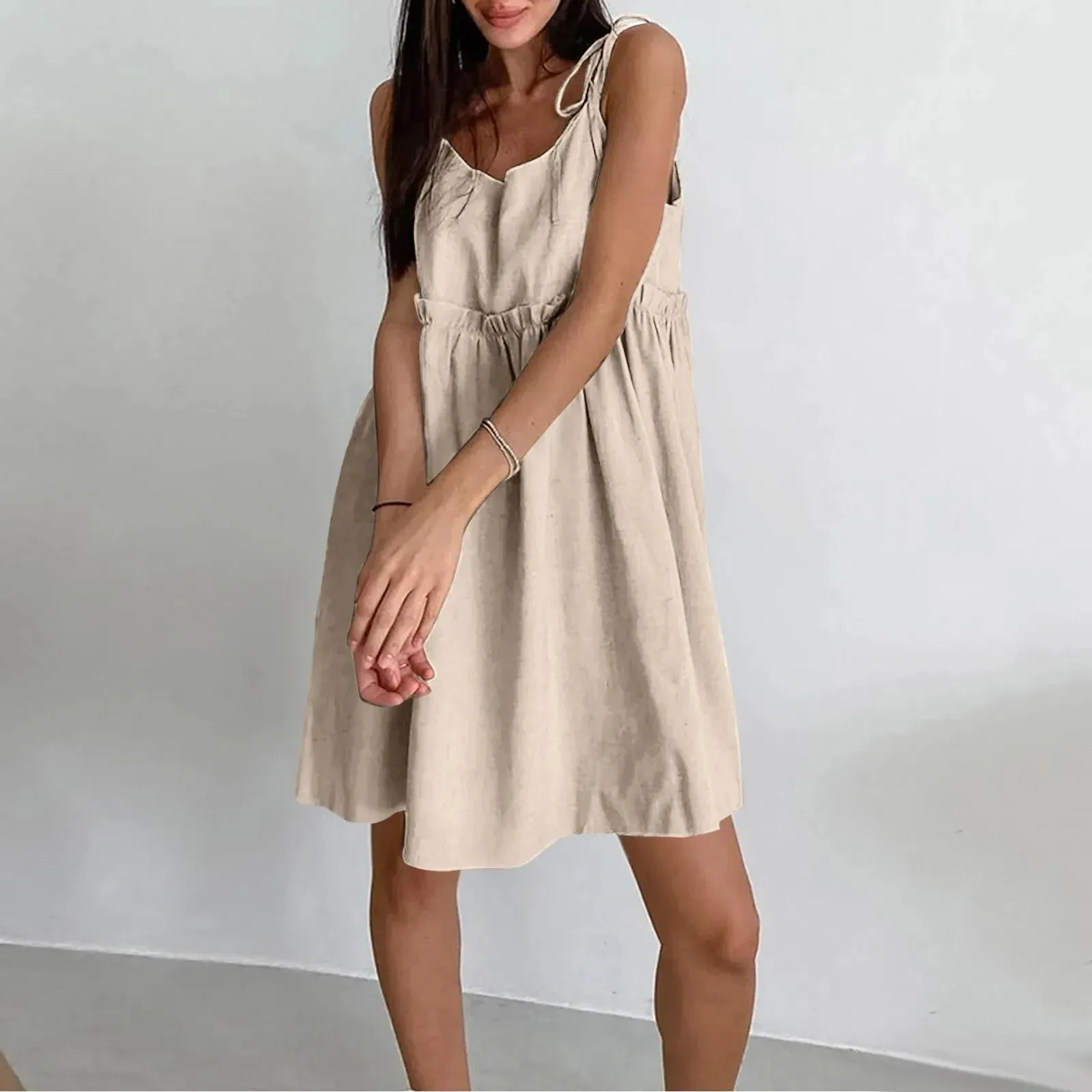 Sleeveless Loose Casual Summer Solid Spaghetti Colour Linen Comfort Straps Cotton Dress