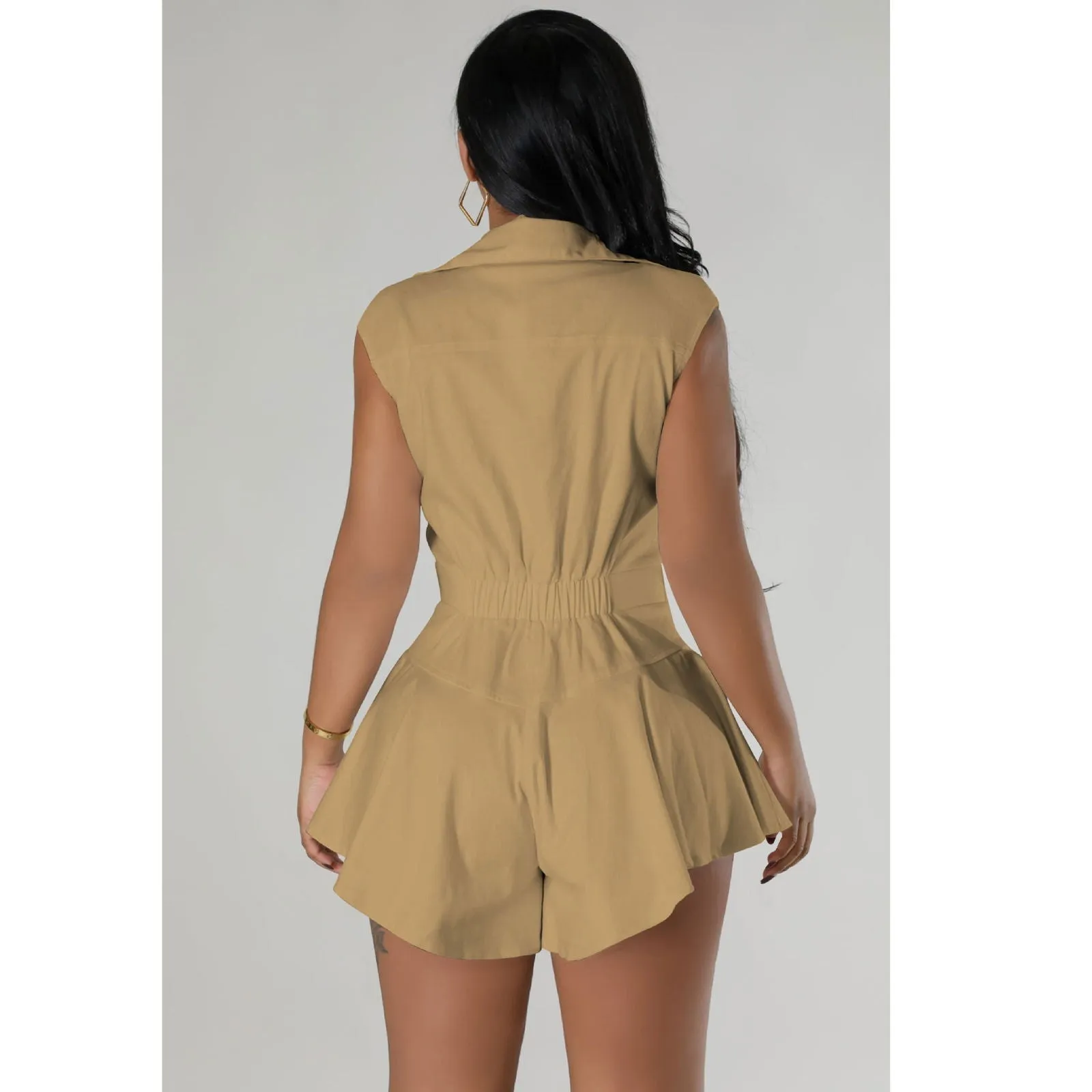 Sleeveless V-neck Lapel Collar Ruffle Short Mini Rompers