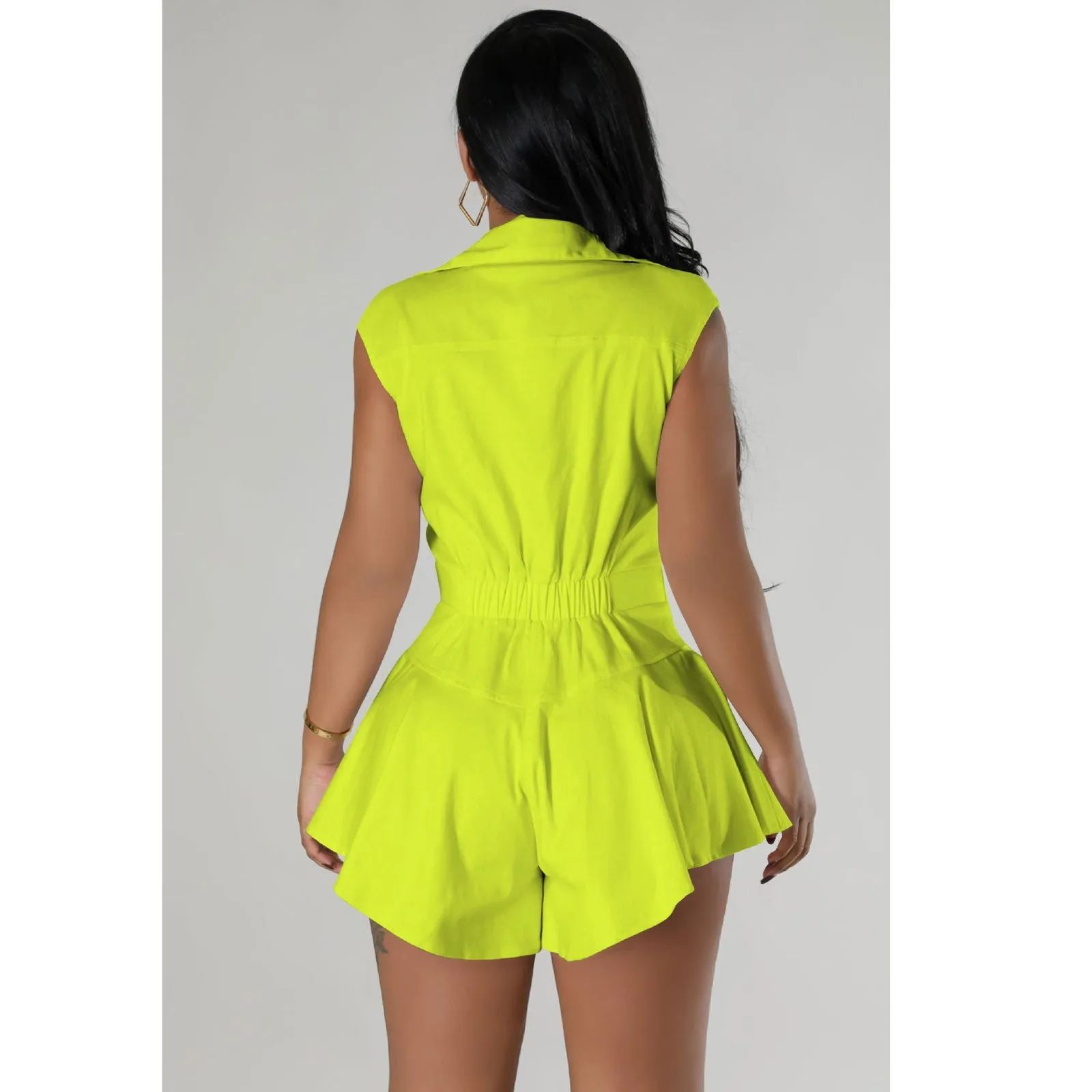 Sleeveless V-neck Lapel Collar Ruffle Short Mini Rompers