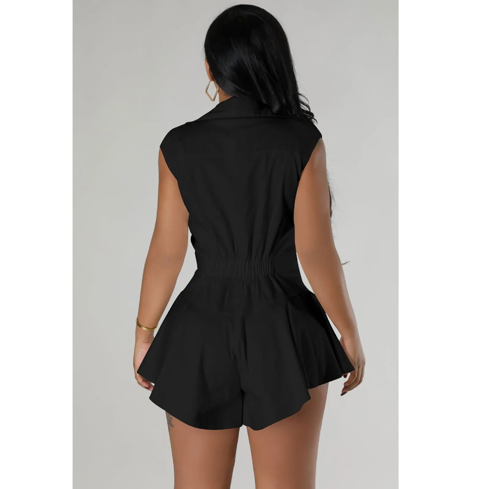 Sleeveless V-neck Lapel Collar Ruffle Short Mini Rompers