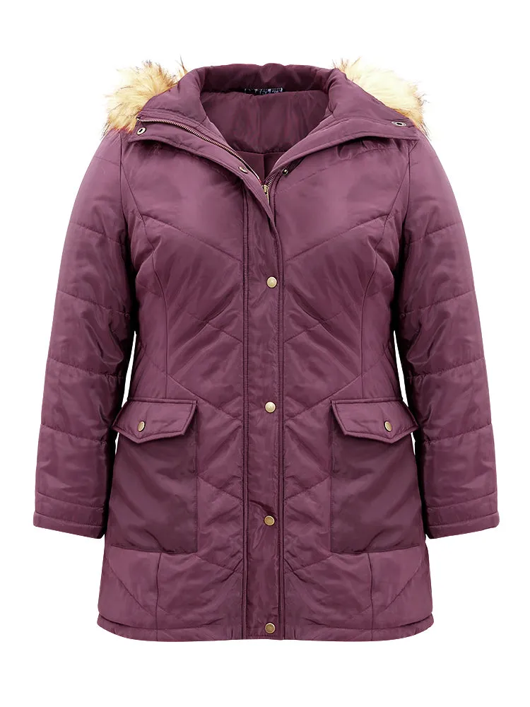 Solid Flap Pocket Fuzzy Trim Padded Coat